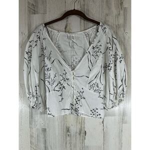 H&M Crop Top Size XS White Floral Deep Vneck Balloon Sleeves‎ Linen Blend